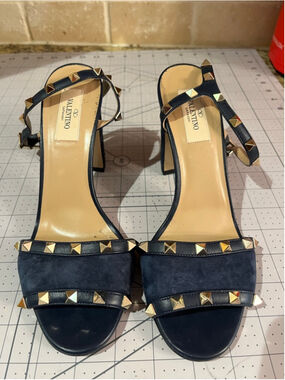 Women's Valentino Garavani Navy Suede Rockstud Block Heels Size 8